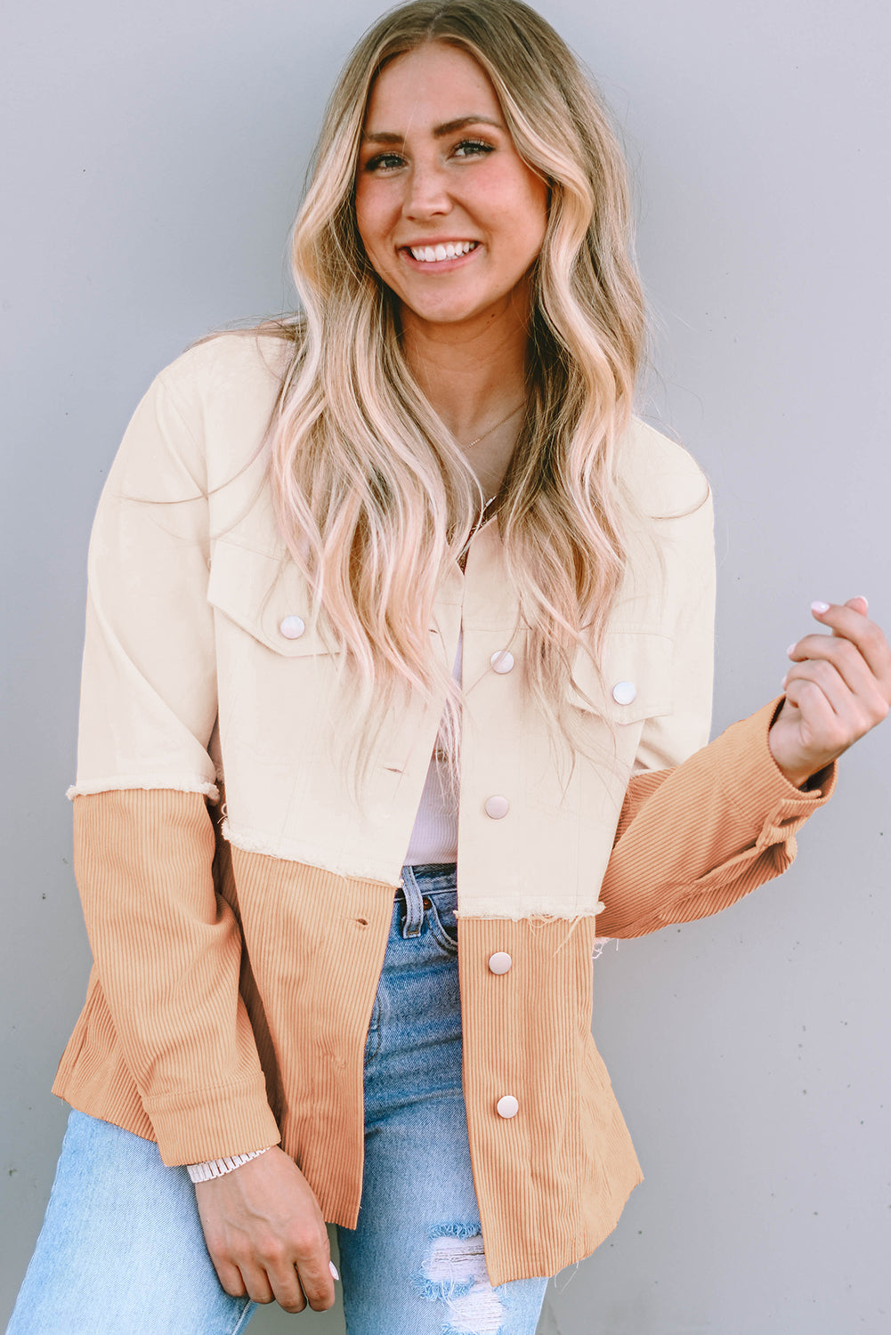 Khaki Two Toned Colorblock Cord Chambray Flap Pockets Jacket