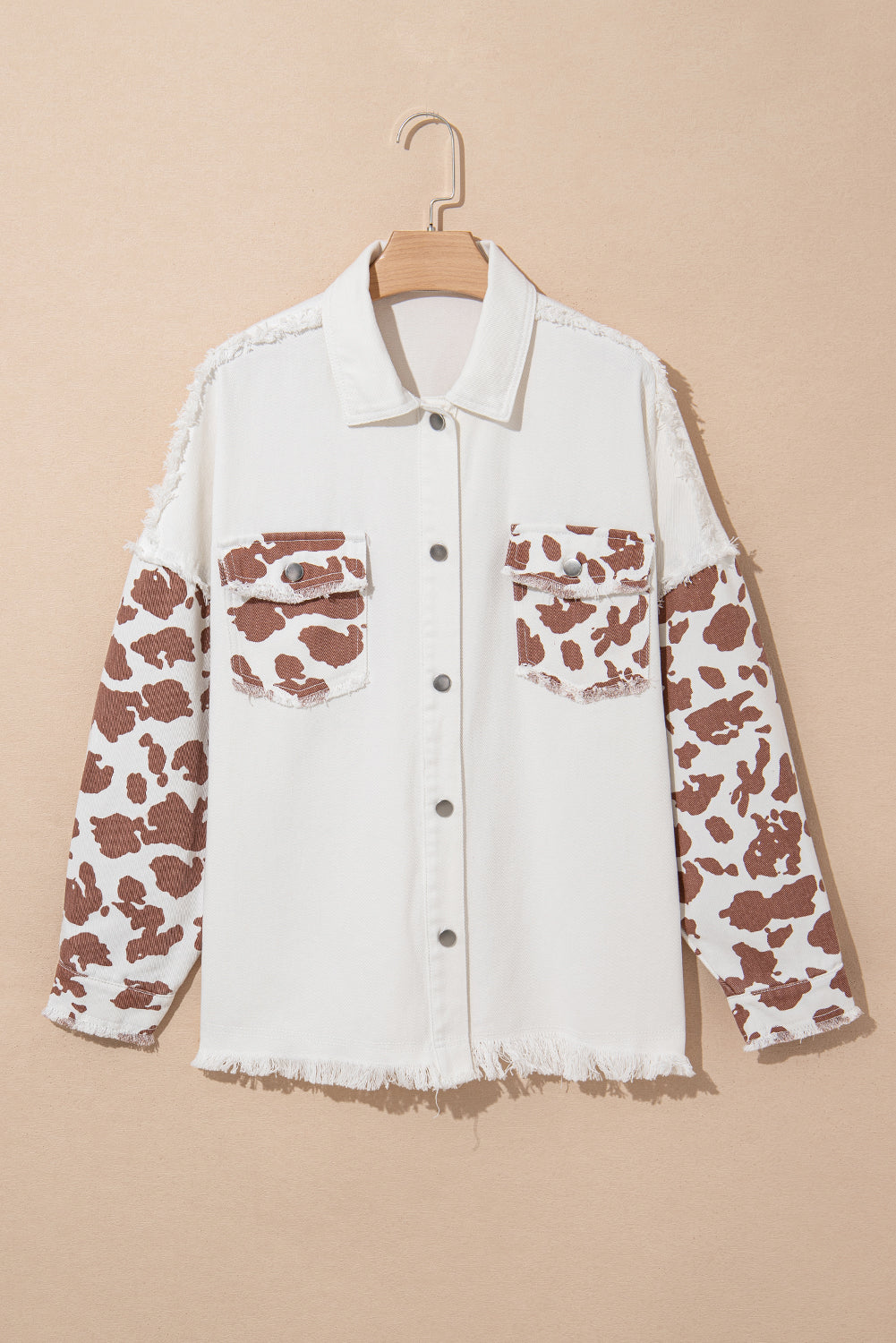 Cow Spot Patchwork Flap Pocket Distressed Hem Long Denim Jacket | White