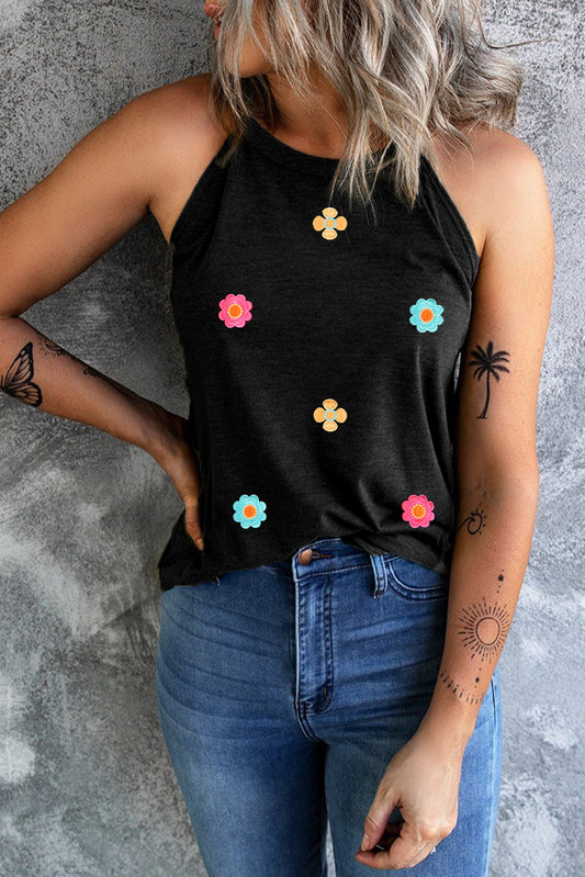 Black Sweet Floral Embroidery Casual Tank Top