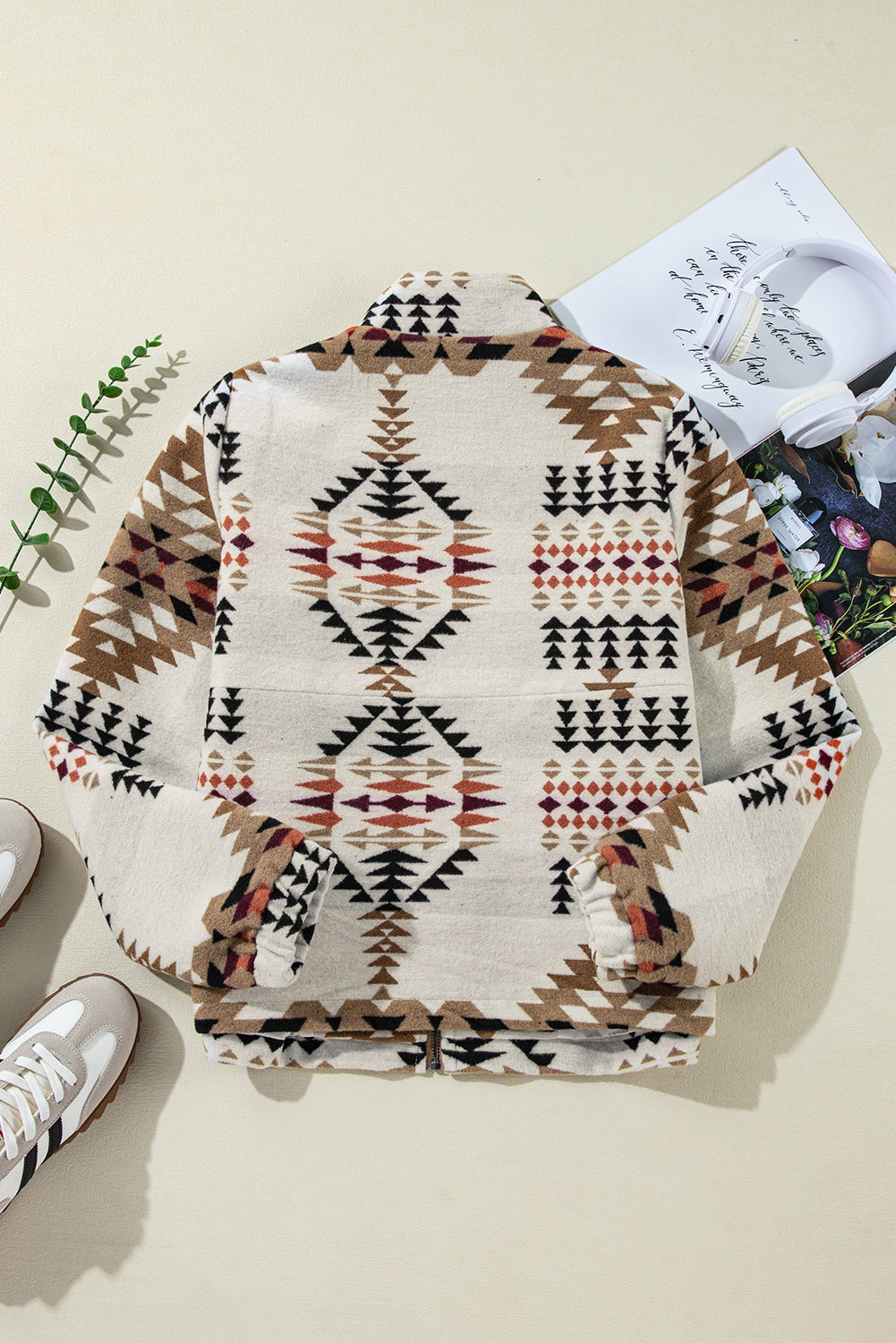 Aztec Printed Stand Neck Zip Up Jacket | Beige