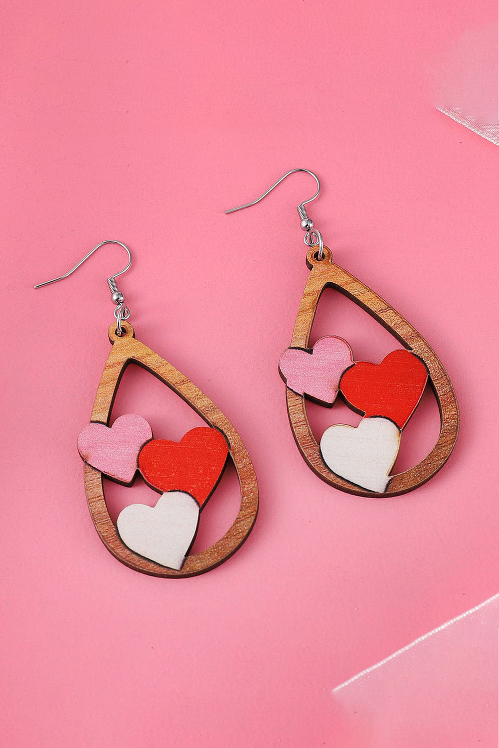 Valentines 3 Hearts Insert Water Drop Earrings | Red