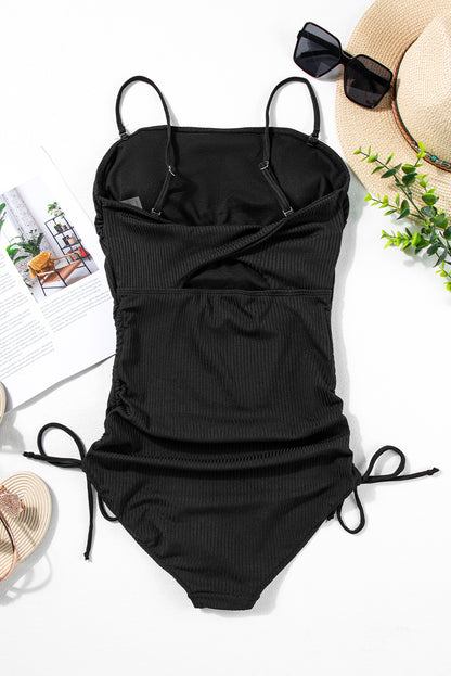 Ribbed Drawstring Sides Cutout One Piece Swimsuit | Black