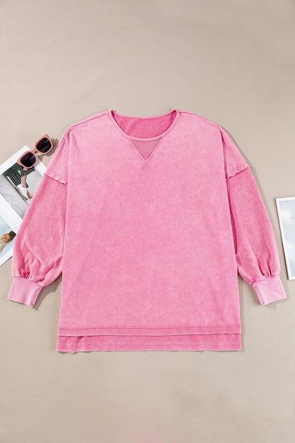 Plus Size Mineral Wash Drop Shoulder Round Neck Sweatshirt | Pink