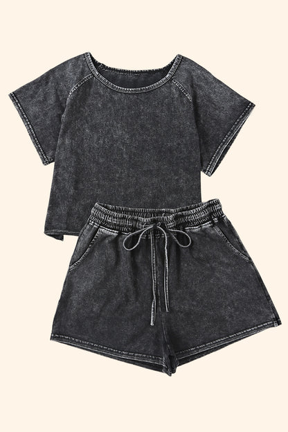 Acid Washed Short Lounge Set | Black