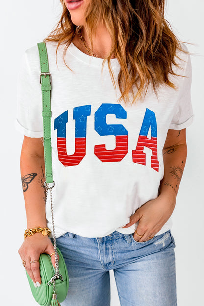 Usa Star And Striped Embroidered Crewneck Graphic Tee | White