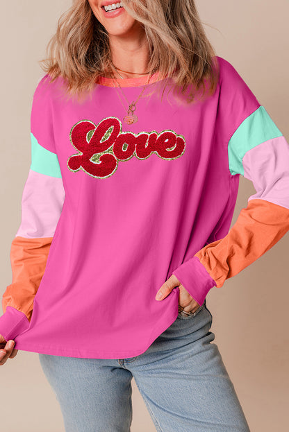 Chenille Love Patched Colourblock Long Sleeve Crewneck Top | Rose Red