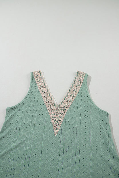 Lace Crochet Splicing V Neck Loose Fit Tank Top | Mist Green