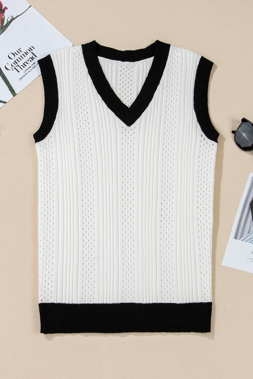 Contrast Trim Eyelet Knit Colourblock V Neck Sweater Vest | White