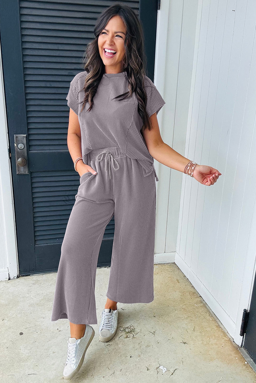 Solid Corded Knit Short Sleeve T Shirt And Wide Leg Pants Set | Wild Wind