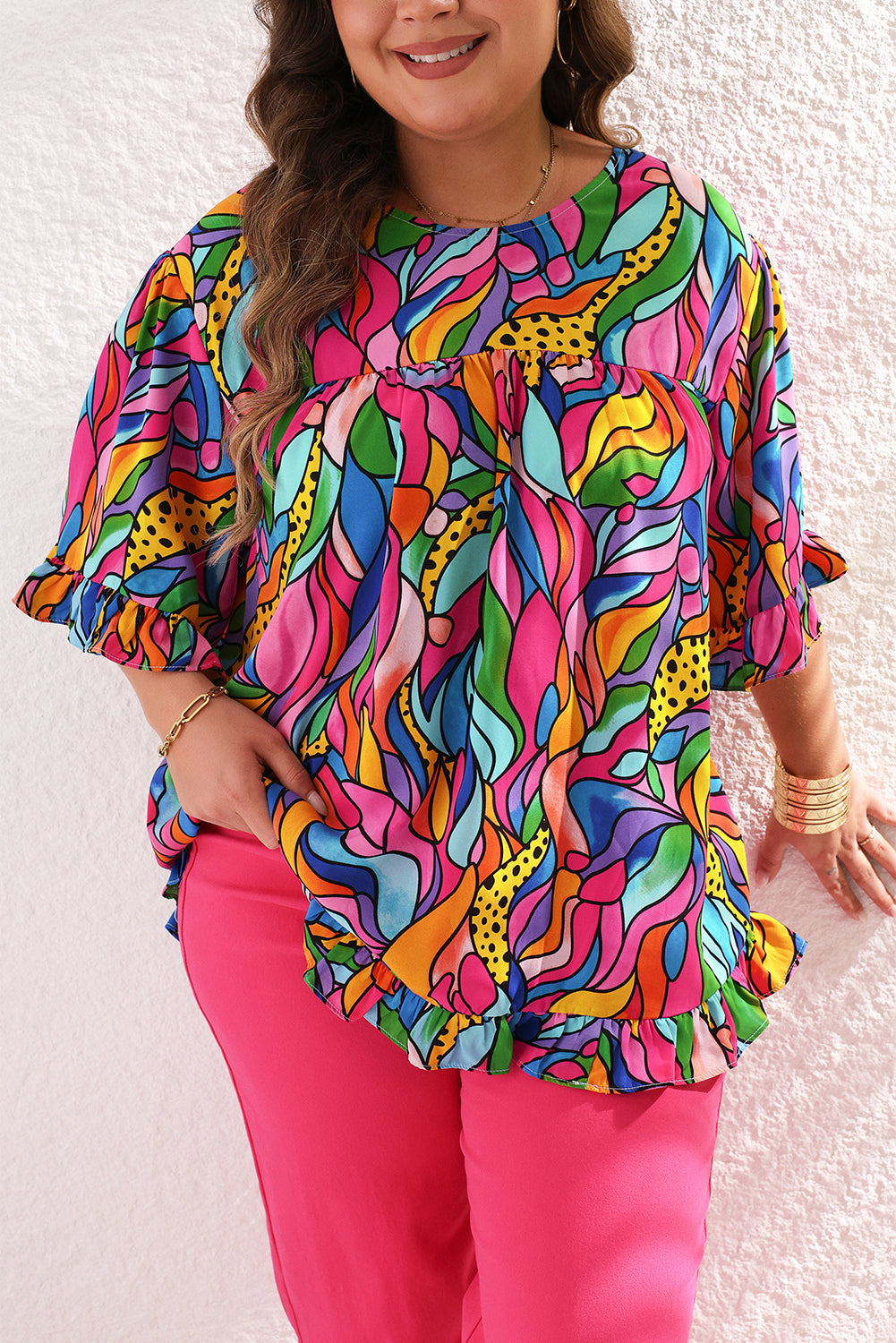 Abstract Print Plus Size Frilly Trim Blouse | Rose