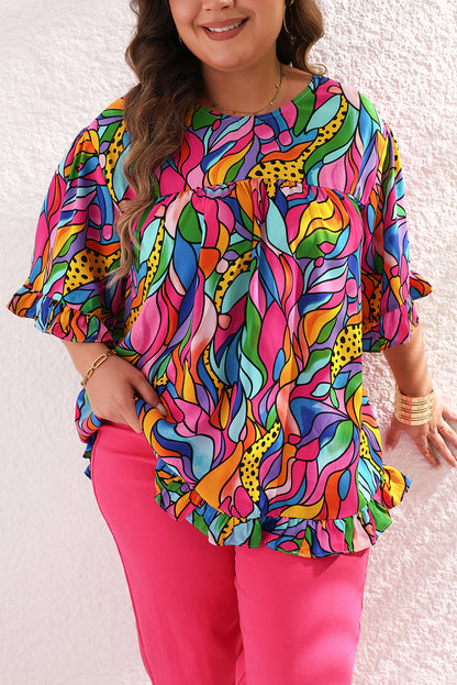 Abstract Print Plus Size Frilly Trim Blouse | Rose