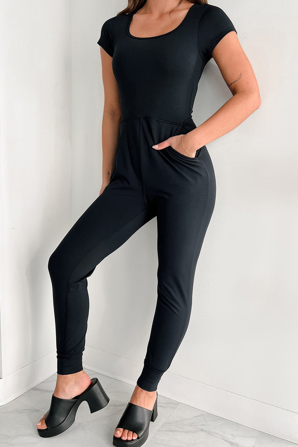 Black Short Sleeve Pocket Jogger Bottom Athleisure Jumpsuit