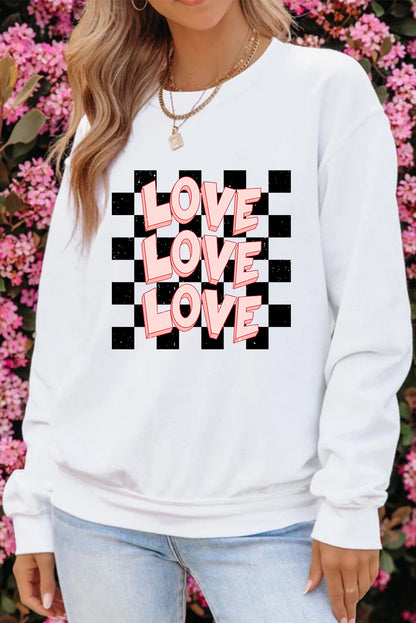 Checkerboard Love Printed Round Neck Valentines Sweatshirt | White