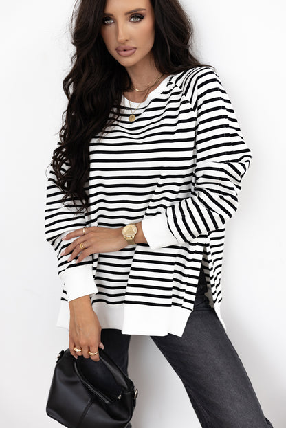 Raglan Sleeve Side Slits Loose Sweatshirt | Black Stripe