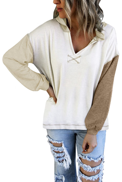 Colourblock V Neck Long Sleeve Hoodie | Khaki