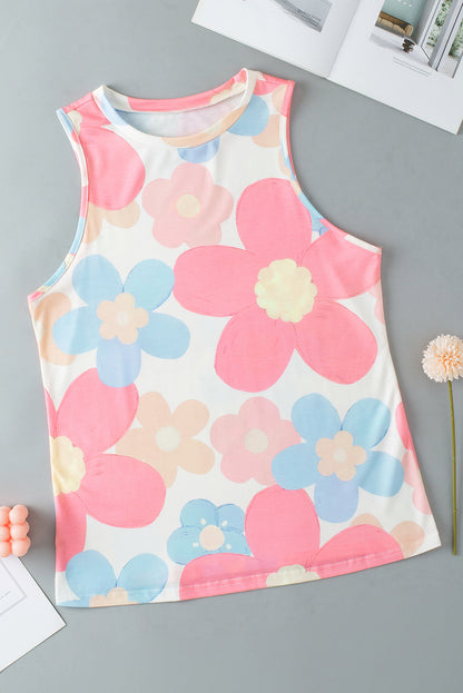 Floral Print Round Neck Sleeveless Top | Pink