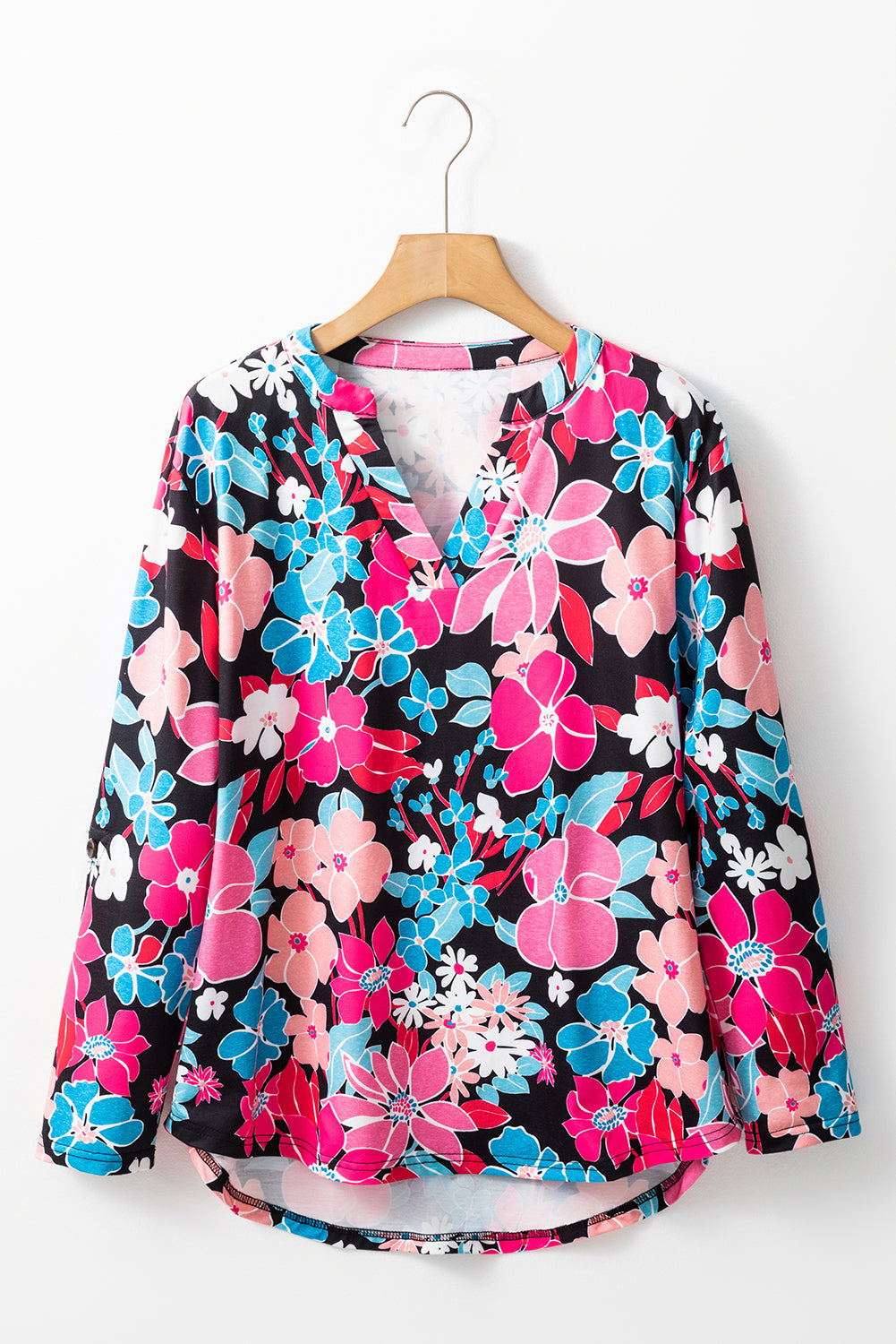 Floral V Neck Roll Tab Sleeve Blouse | Pink