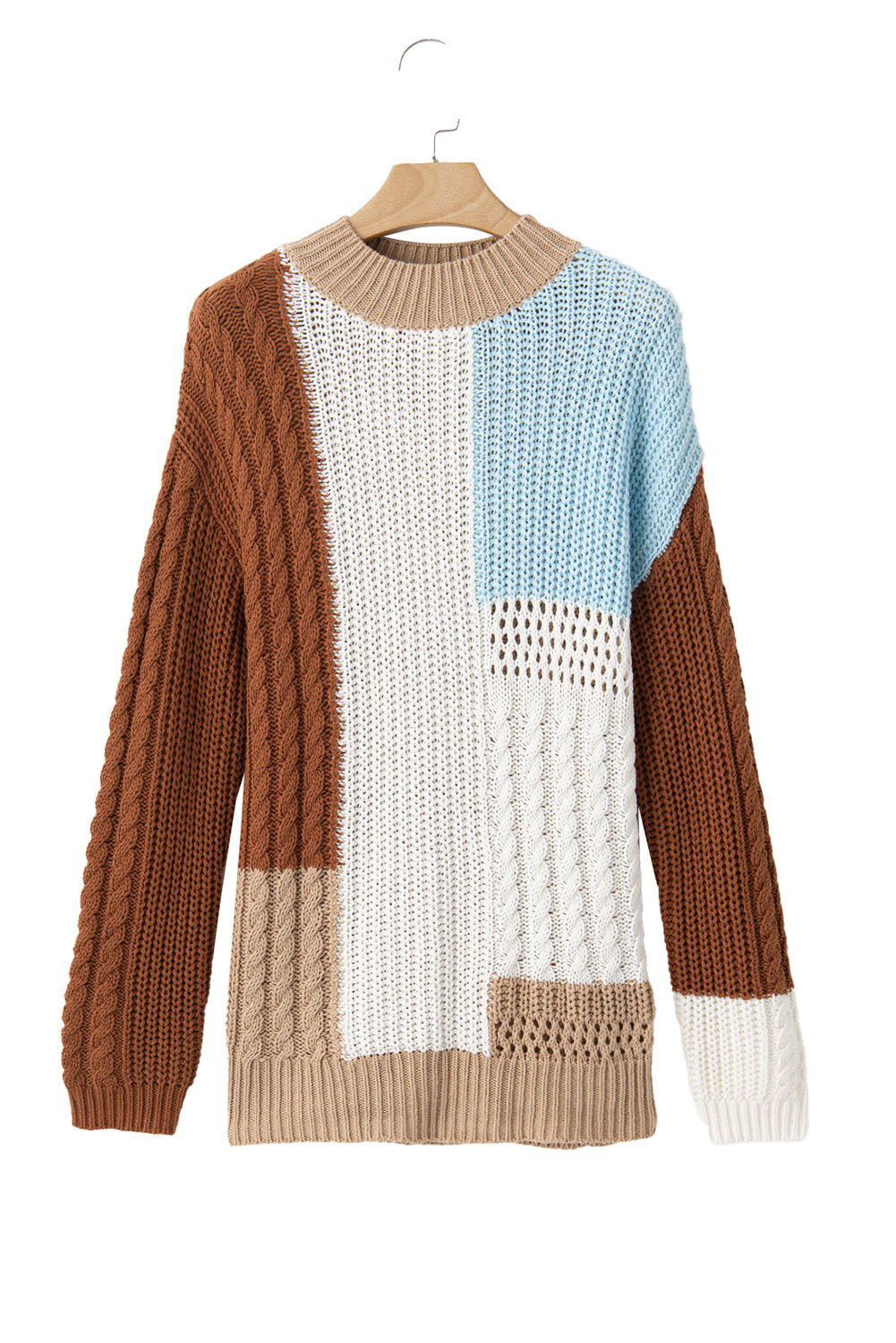 Mix Textured Knit Colourblock Patchwork Sweater | Khaki