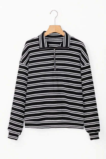 Textured Quarter Zip Collar Long Sleeve Top | Black Stripe