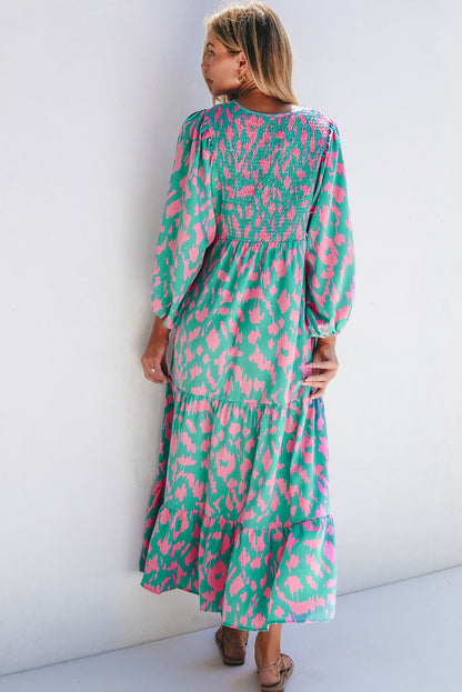 Abstract Print Puff Sleeve Tied Notched Neck Long Dress | Green