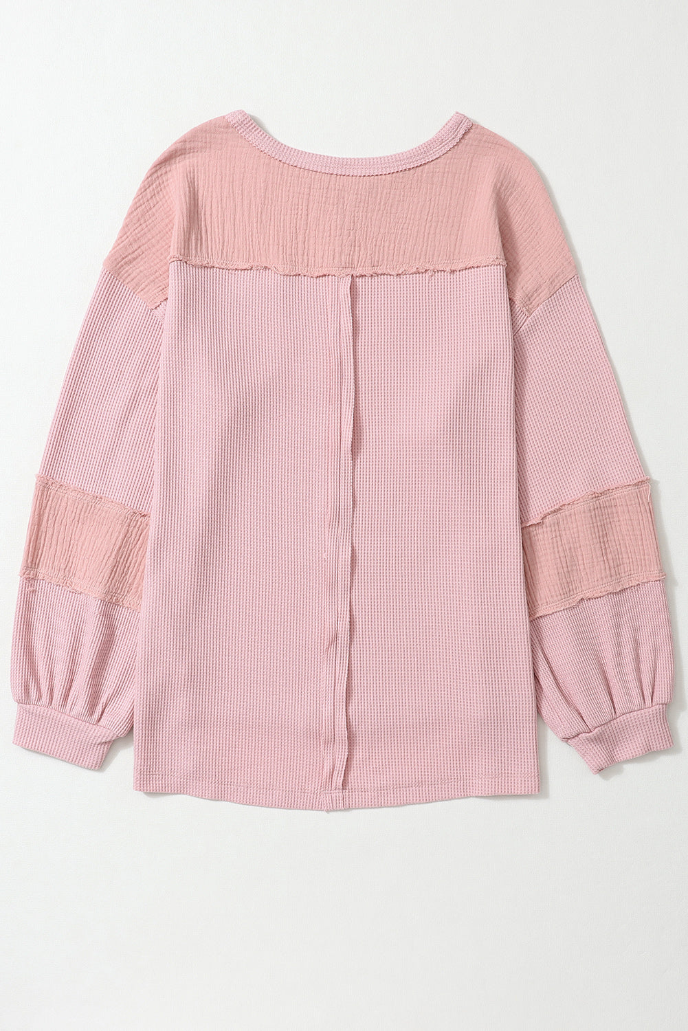 Exposed Seam Patchwork Bubble Sleeve Waffle Knit Top | Pink