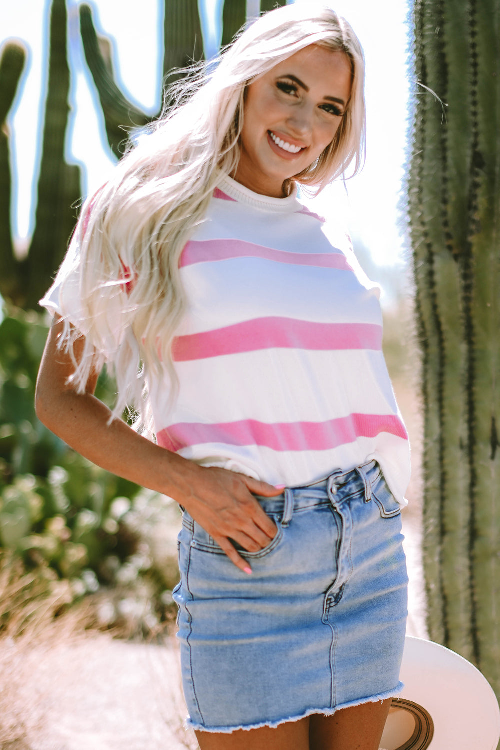 Dropped Short Sleeve Lightweight Knitted Top | Pink Stripe