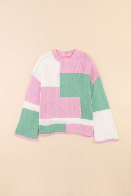 Colourblock Drop Shoulder Bell Sleeve Sweater | Pink