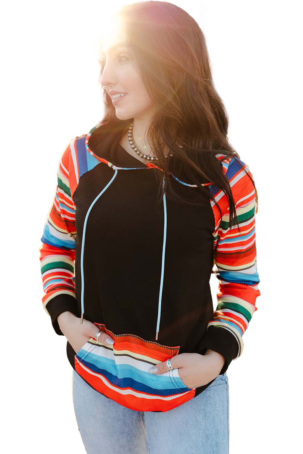 Colourful Striped Patchwork Kangaroo Pocket Hoodie | Multicolour