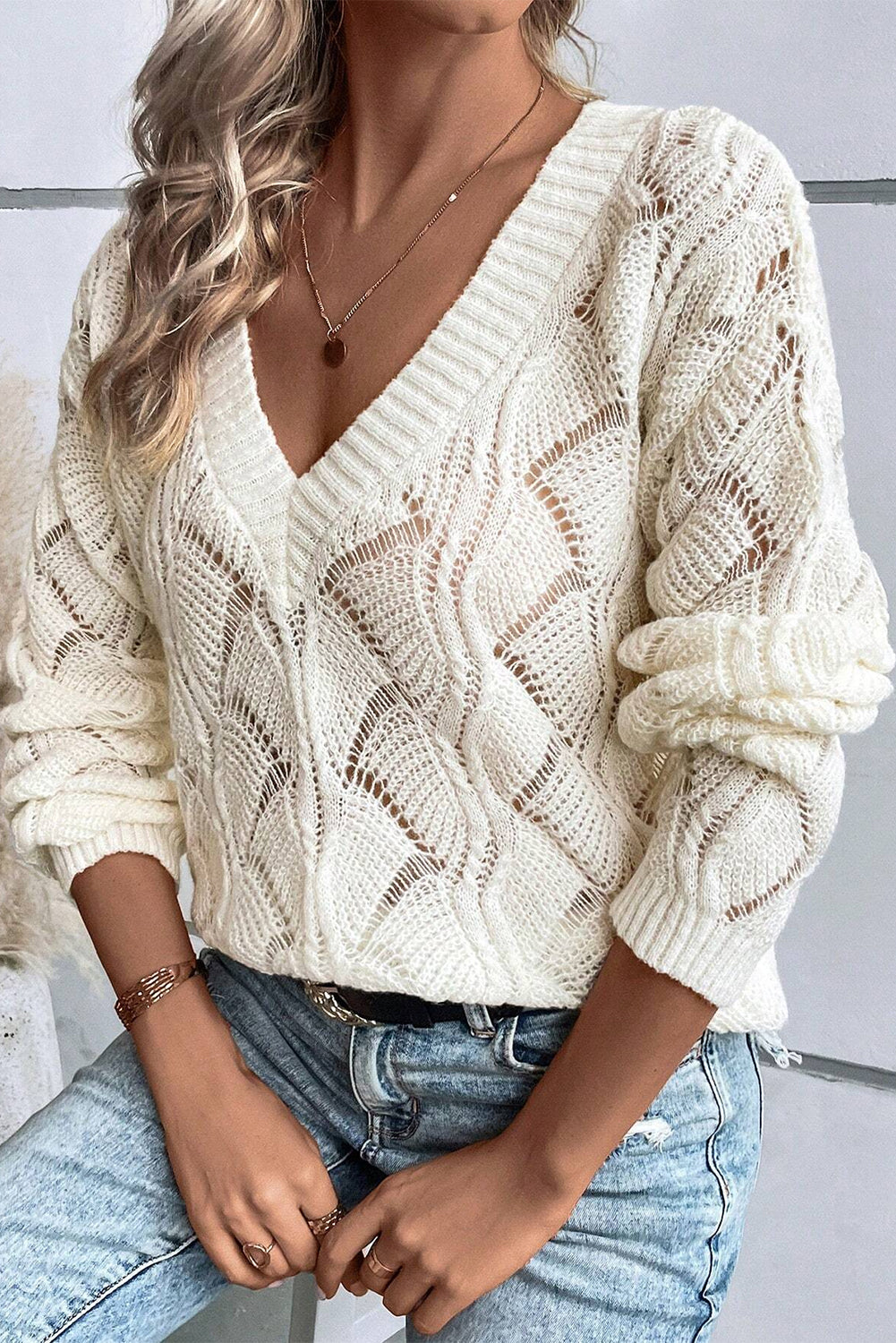 Hollow Out Knit V Neck Drop Shoulder Sweater | Beige