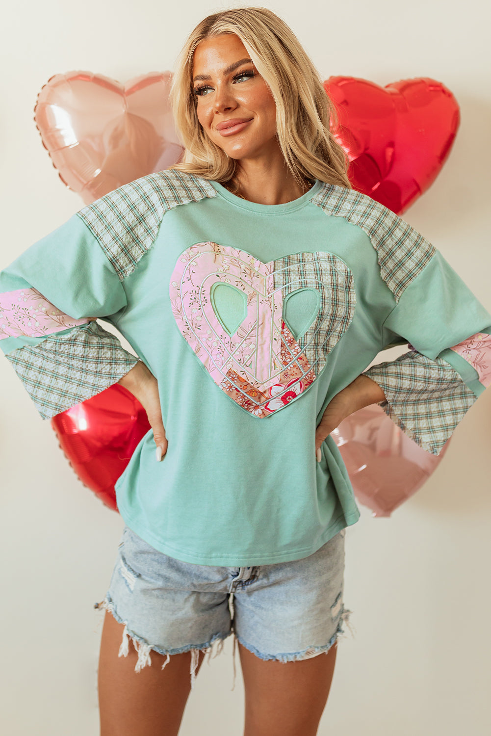 Plaid Floral Peace Heart Graphic Wide Long Sleeve Top | Clearly Aqua