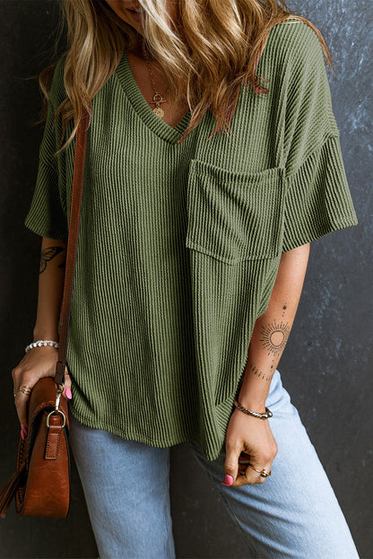 Corded V Neck Chest Pocket Loose T-Shirt | Jungle Green