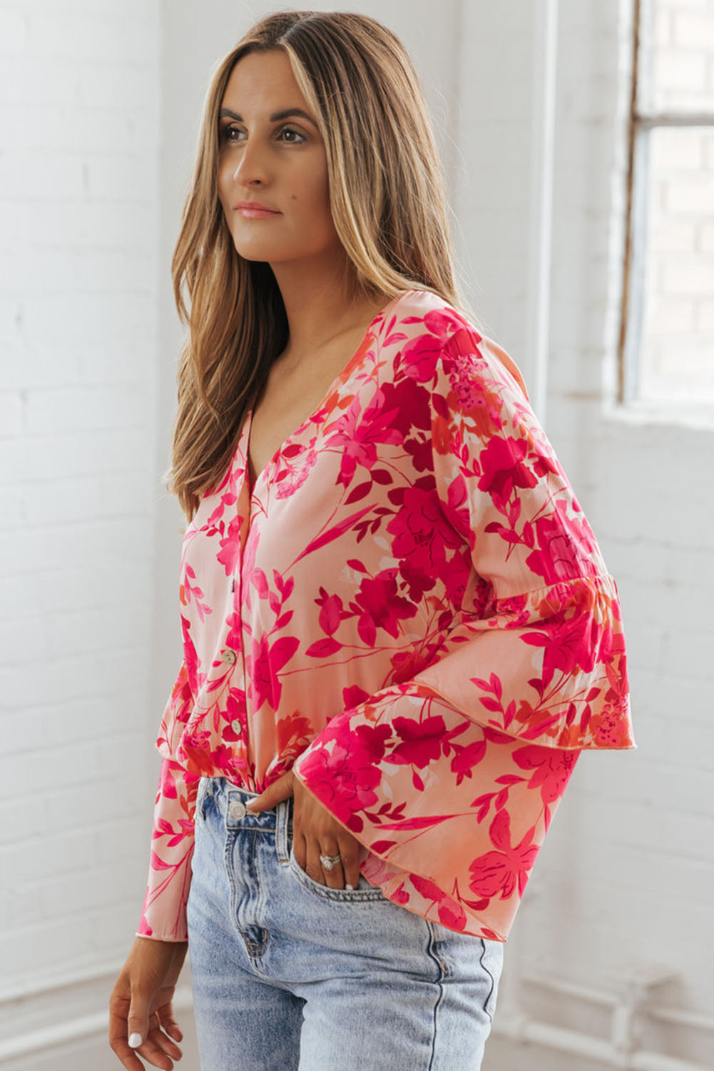 Floral Print Tiered Bell Long Sleeve Buttoned Bodysuit | Pink