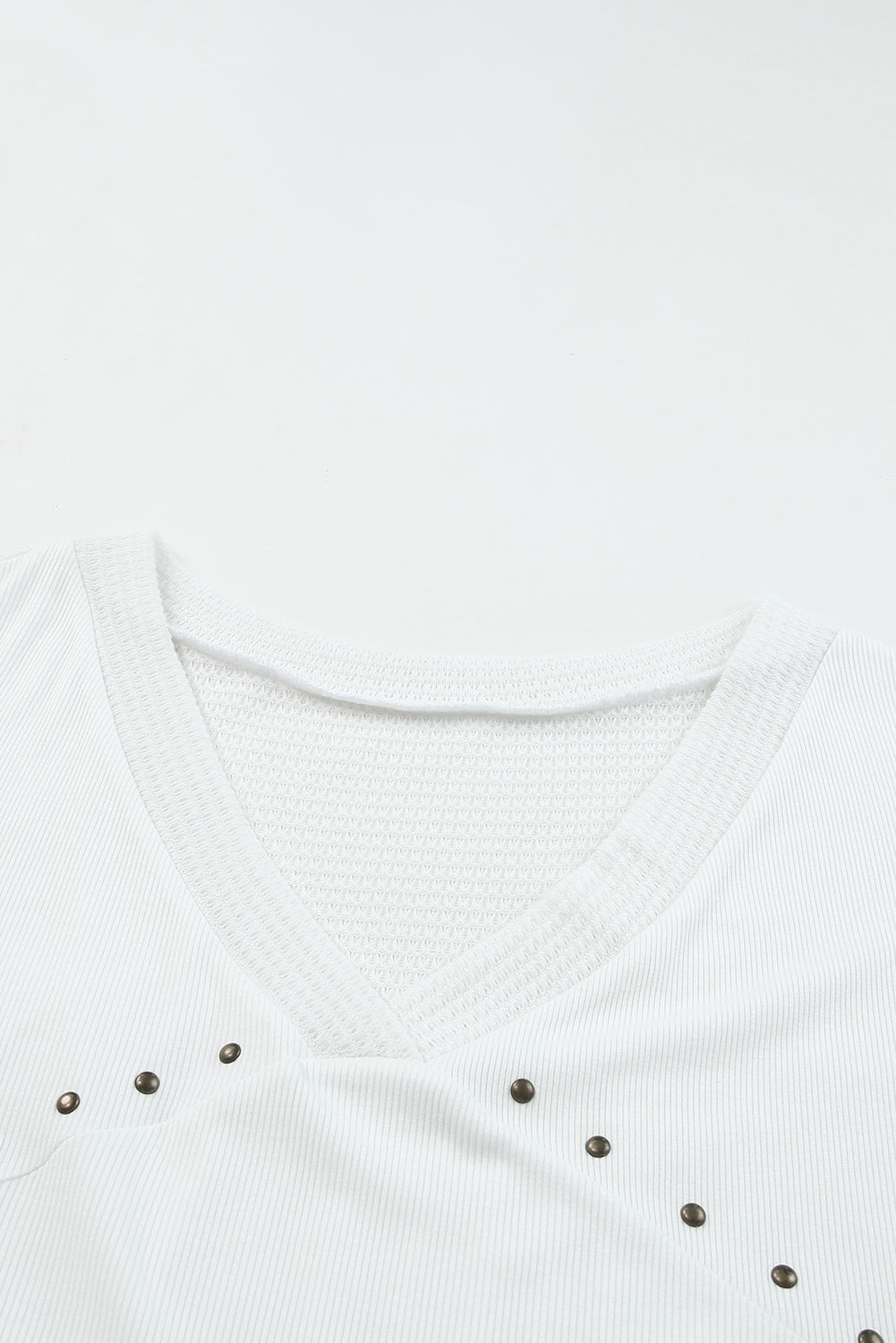 Contrast Knit Splicing V Neck Studded Blouse | White