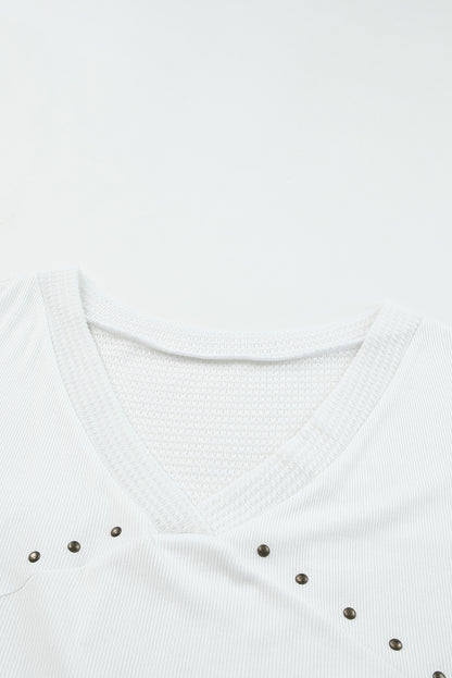 Contrast Knit Splicing V Neck Studded Blouse | White