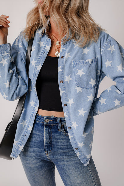 Star Print Light Wash Raw Hem Denim Jacket | Sky Blue