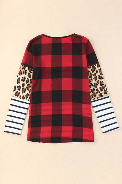 Plaid Print  Splicing Striped Colour Block Long Sleeve Top | Leopard