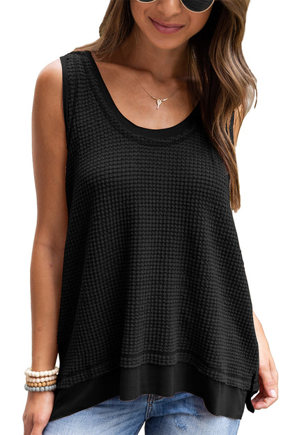 Scoop Neck Waffle Knit Flowy Vest | Black