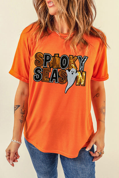 Sequin Spooky Season Ghost Pattern Halloween T Shirt | Orange