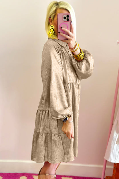 Metallic Sheen Puff Sleeve Button Up Mini Shirt Dress | Apricot