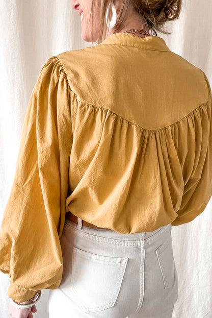 Puff Sleeve Pleated Loose Shirt | Yellow