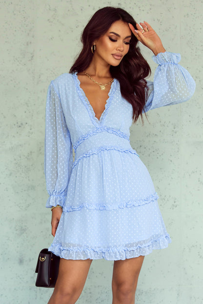 Layered Ruffled Open Back Puff Sleeve Swiss Dot Mini Dress | Sky Blue