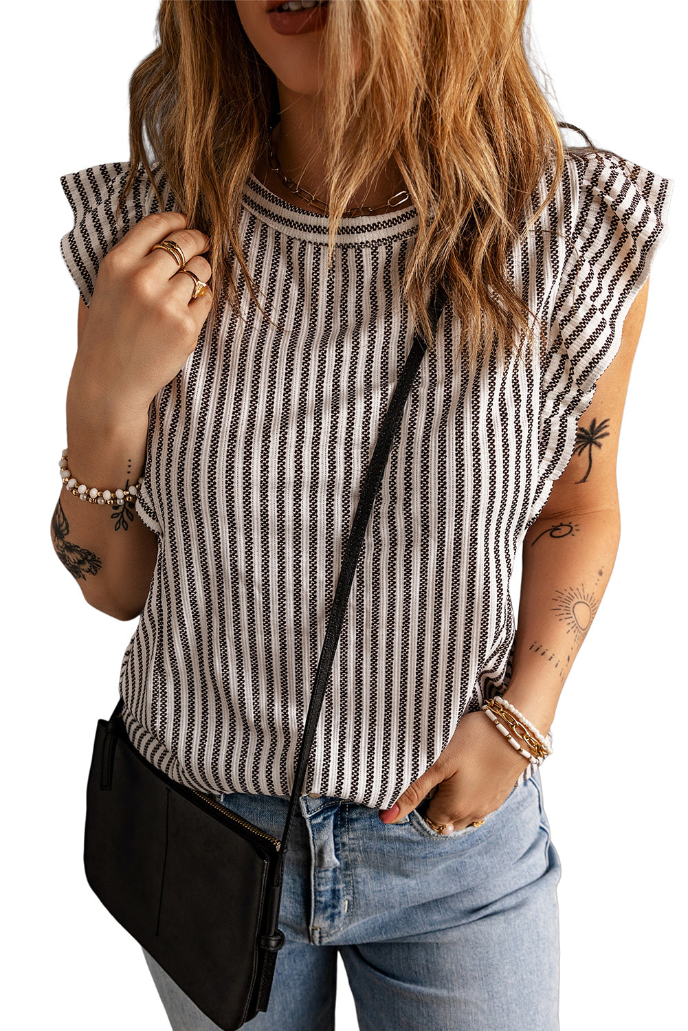 Crew Neck Ruffled Striped Tank Top | Gray