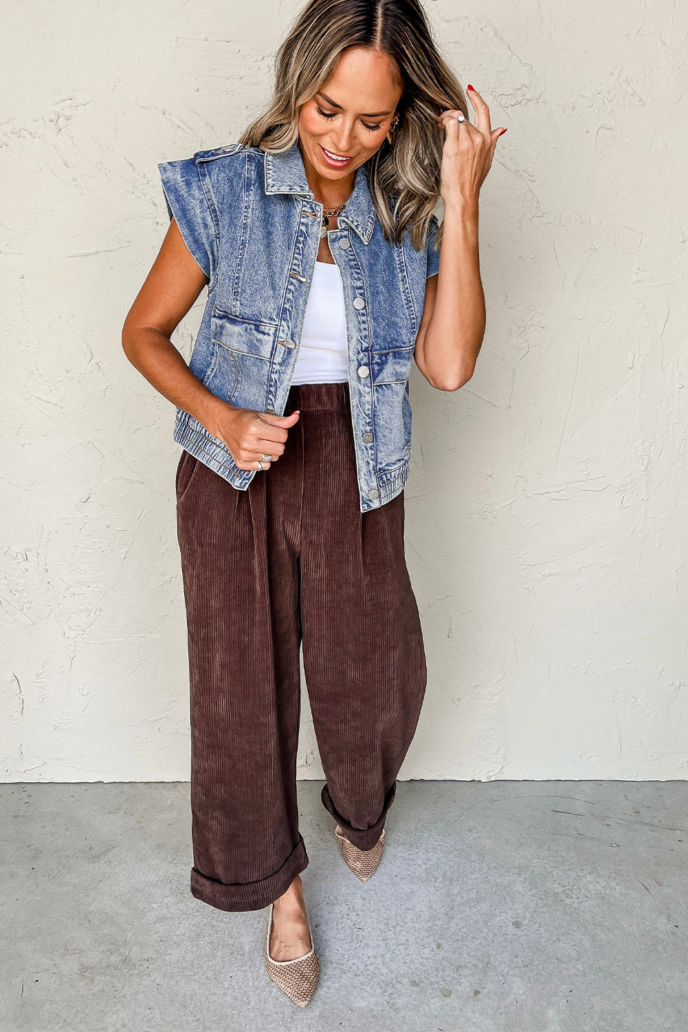 Acid Wash Elastic Hem Button Up Denim Vest | Ashleigh Blue