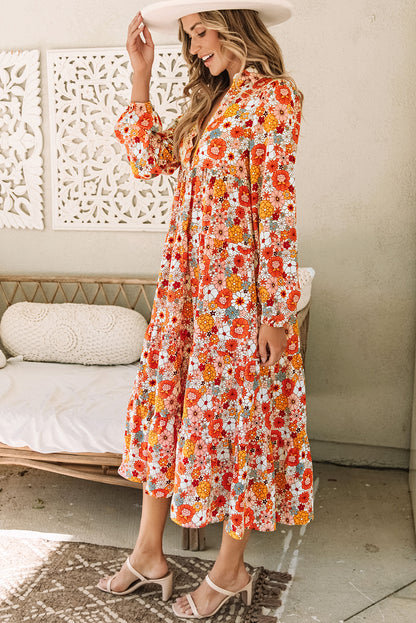 Boho Floral Collared Long Sleeve Ruffled Dress | Multicolour