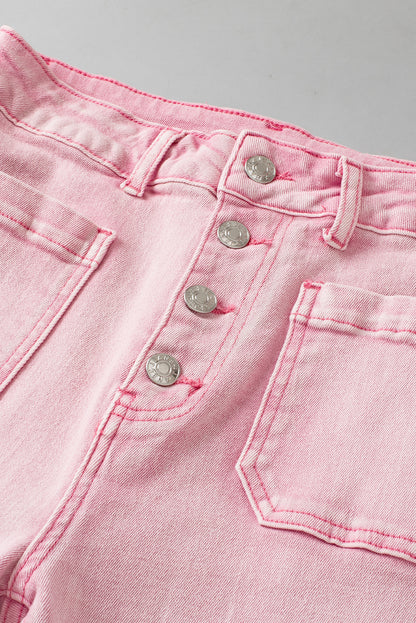 Multi Buttons Raw Edge Crop Jeans | Apricot Pink