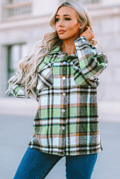 Geometric Plaid Print Pocketed Shacket | Green