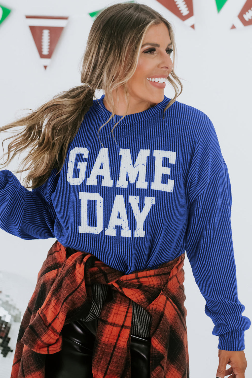 Corded Game Day Graphic Long Sleeve Crewneck Top | Bluing