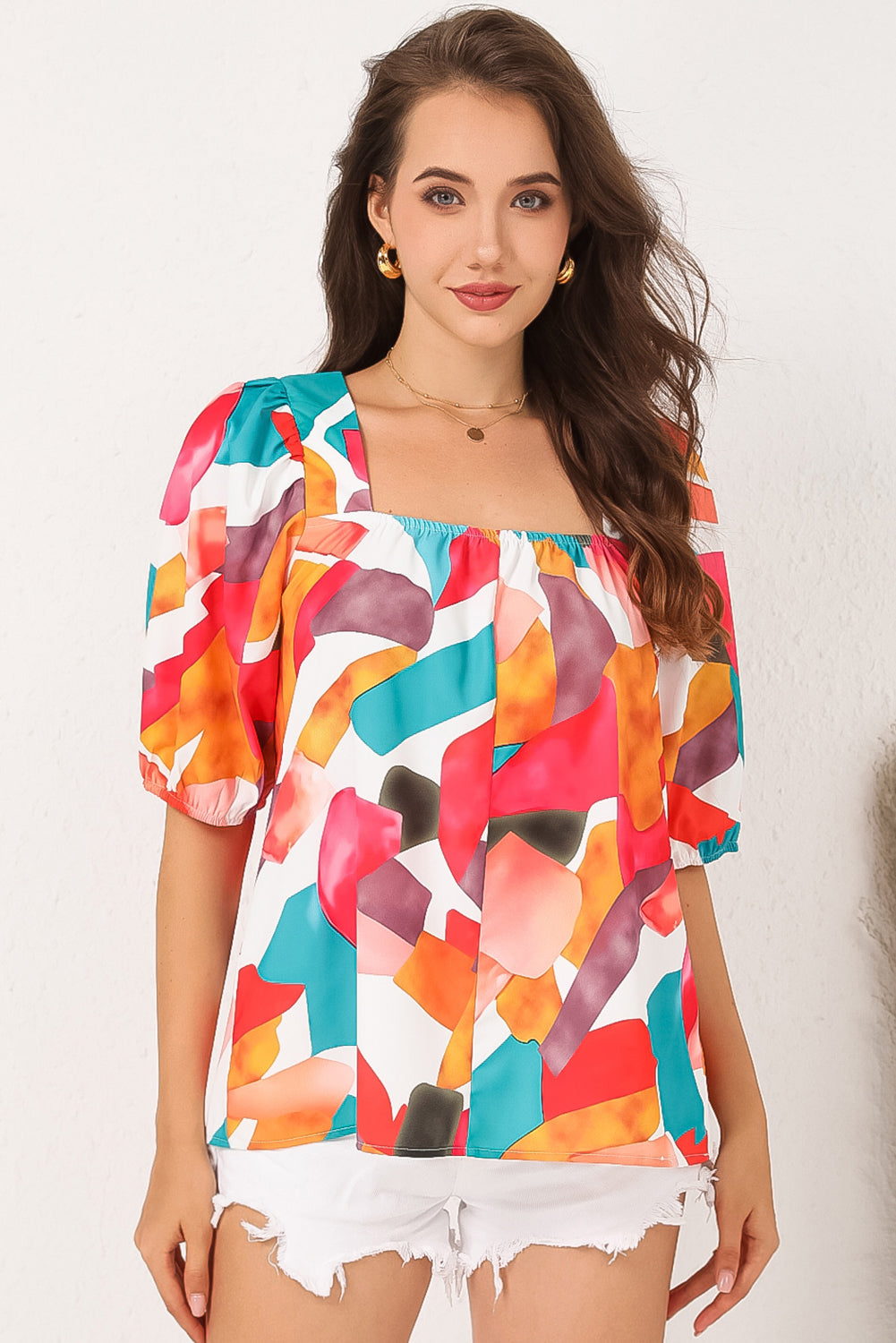 Square Neck Abstract Print Short Sleeve Blouse | Multicolour