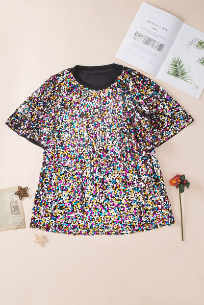 Vibrant Sequin Plus Size Short Sleeve Top | Silvery