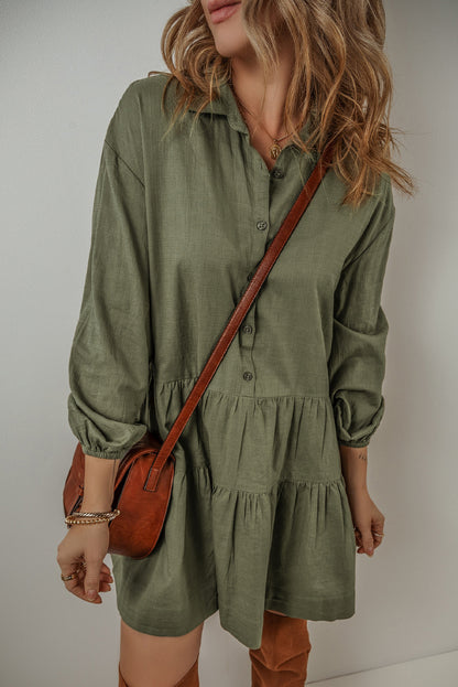 Puff Sleeve Buttoned Tiered Pleated Shirt Mini Dress | Jungle Green